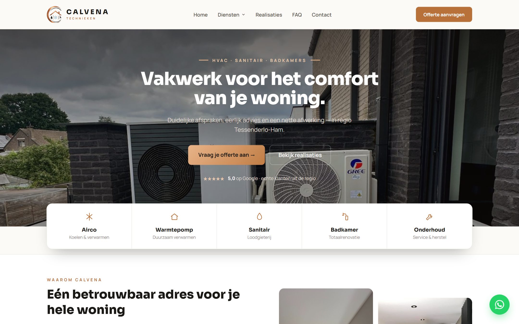Schermafbeelding van ontwerp 2, Helder & Modern: paginabrede foto van een buitenunit met daarover de titel "Vakwerk voor het comfort van je woning" en een witte kaart met vijf diensten.