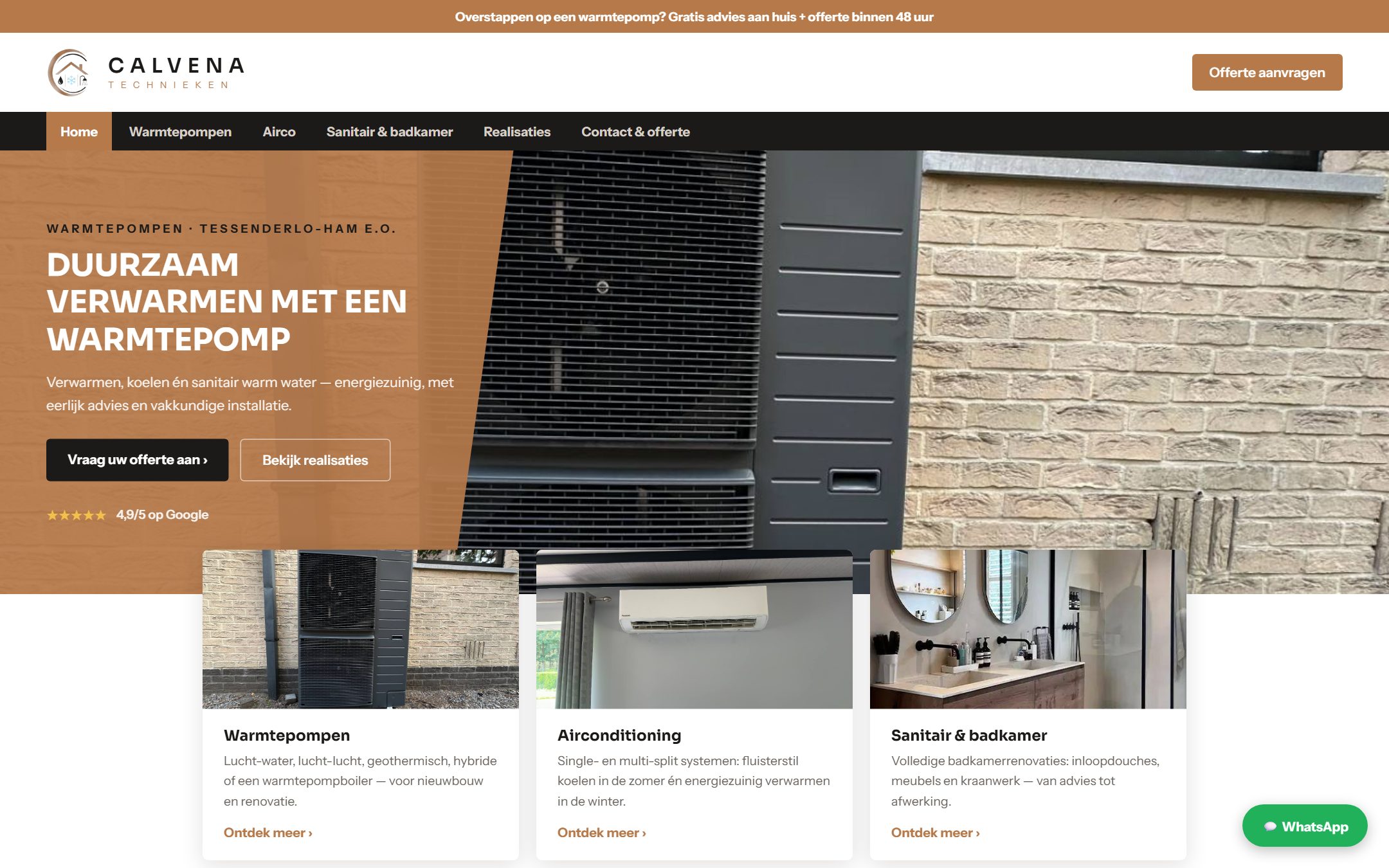 Schermafbeelding van ontwerp 3, Warmtepomp Voorop: terracotta aankondigingsbalk bovenaan, donkere navigatiebalk en een hero met de titel "Duurzaam verwarmen met een warmtepomp" naast een schuin afgesneden foto.